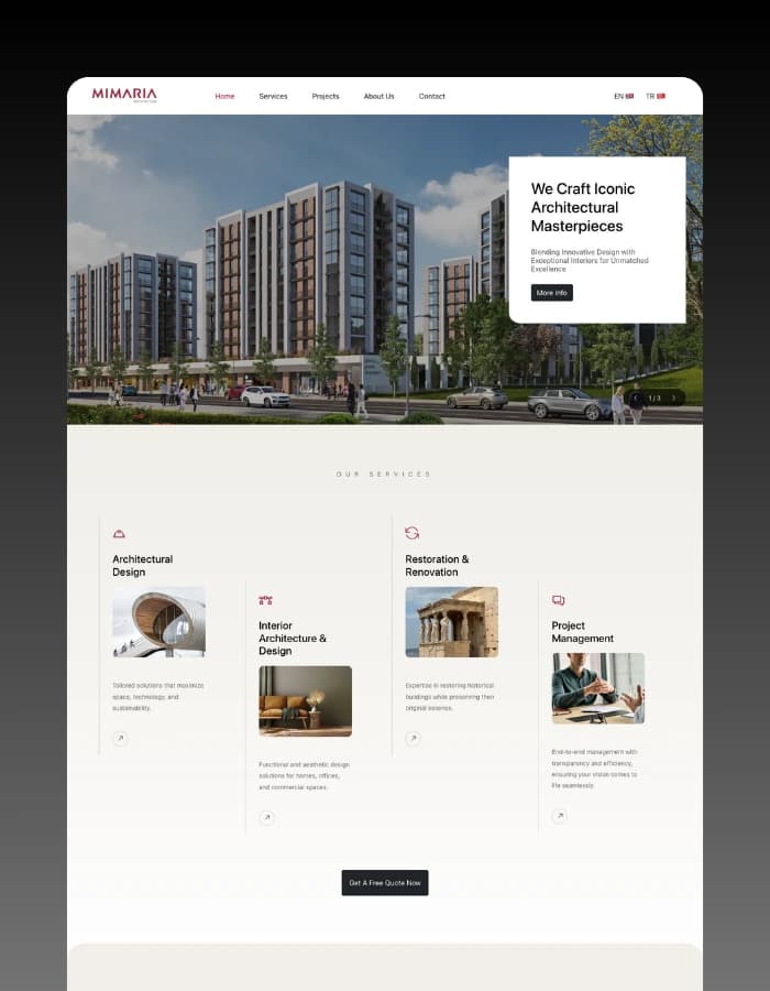 Architectural firm website for Mimaria showcasing modern projects
